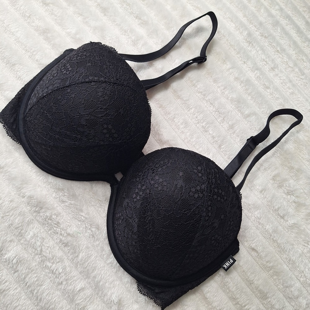 Victorias Secret PINK Date Plunge Push Up Multi Way Bra 32DD Black Lace Romantic